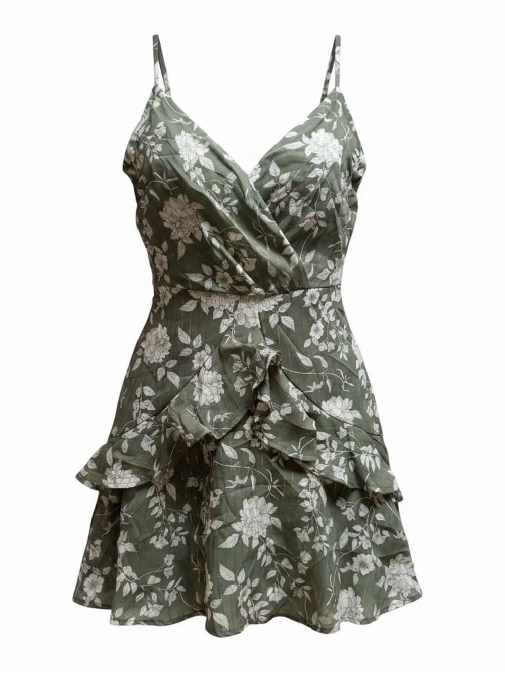 Women’s Olive Green Floral Ruffle Mini Dress